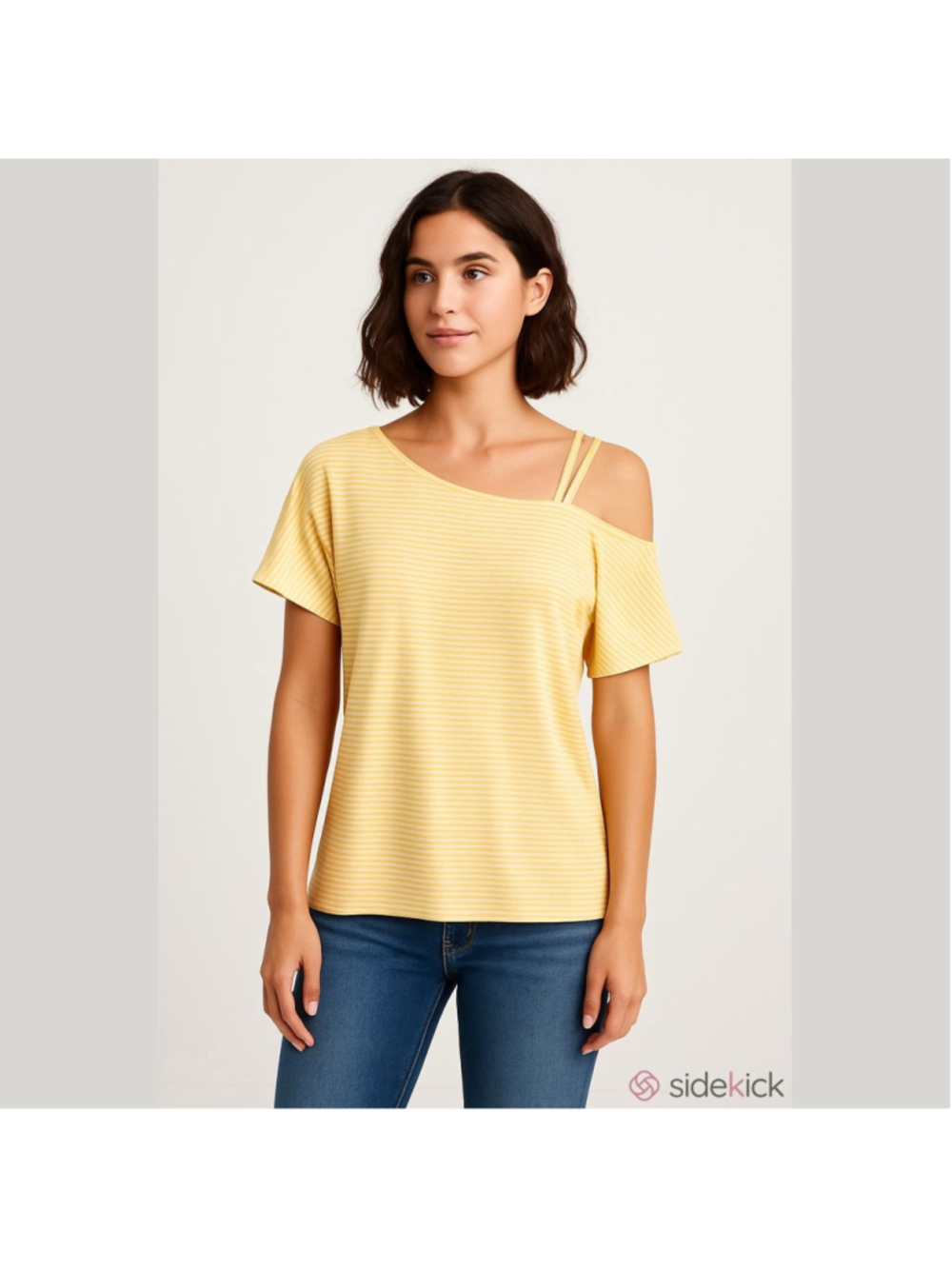 Kaleigh Yellow/Gold White Stripe Ribbed Strappy Shoulder Top Size L